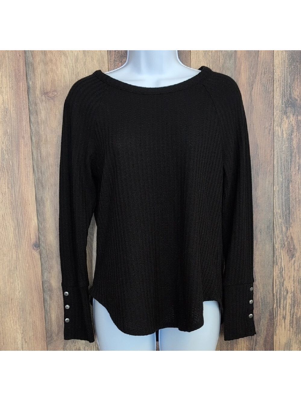 Chaser Waffle Knit Black Ribbed Blouse with Button Accents S               R110